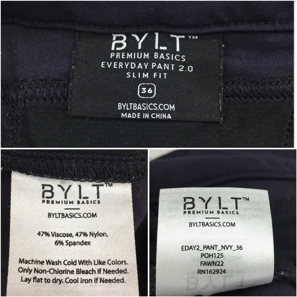 BYLT Premium Basics Everyday Pant 2.0 Navy Blue Slim Fit Mens Size 36 Trouser